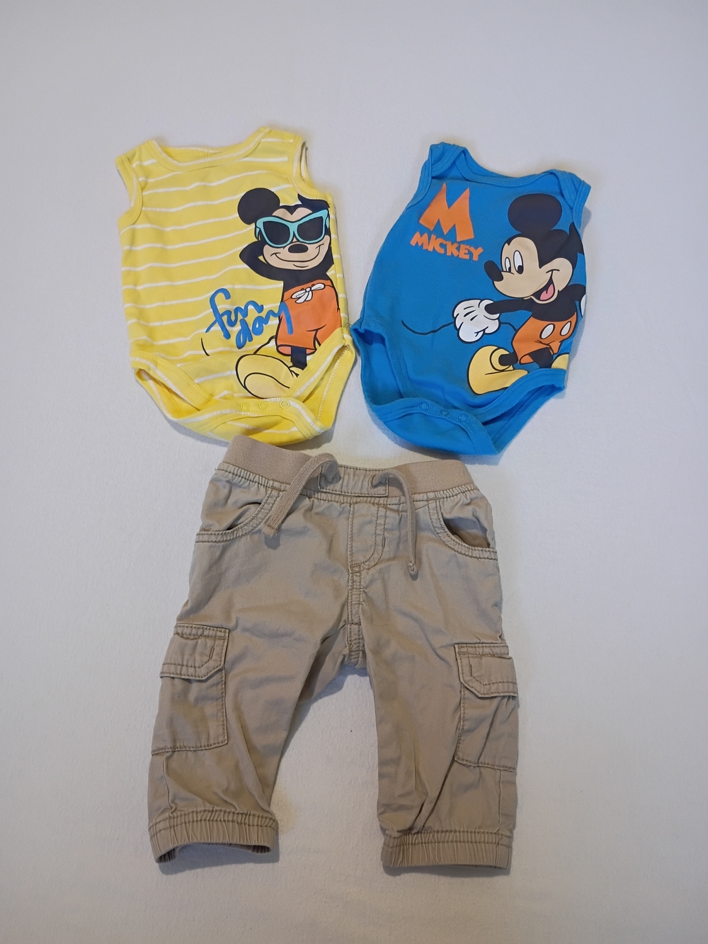 Disney Yellow & Blue Mickey One-Pieces W/ Old Navy Khaki Cargo Pants Size 3-6m